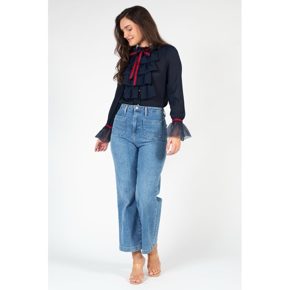 Elegant Navy Ruffle Blouse - Picture 4 of 10